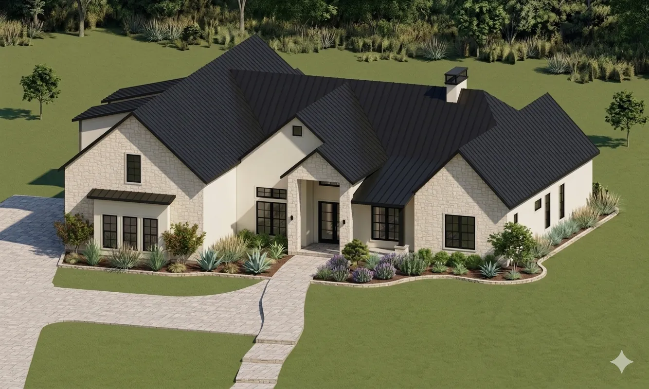 3D design rendering of a single-story custom home with dark roof and stone walkway